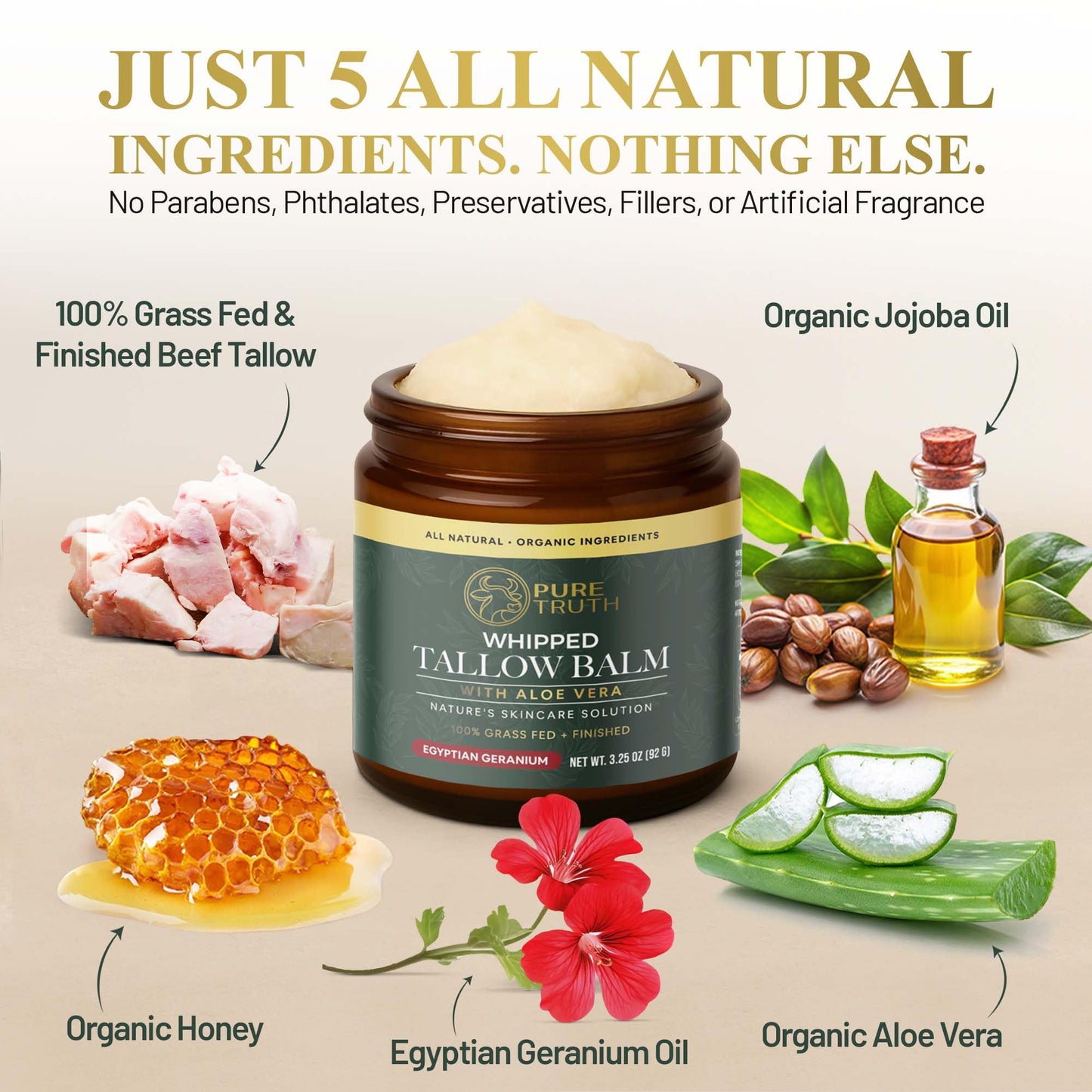 Pure Truth Whipped Tallow and Honey Balm (Geranium), Beef Tallow for Skin Care, Grass Fed + Finished Tallow Moisturizer Cream for Face & Body w/Organic Honey, Aloe Vera, Jojoba Oil - Men Women 3.25oz