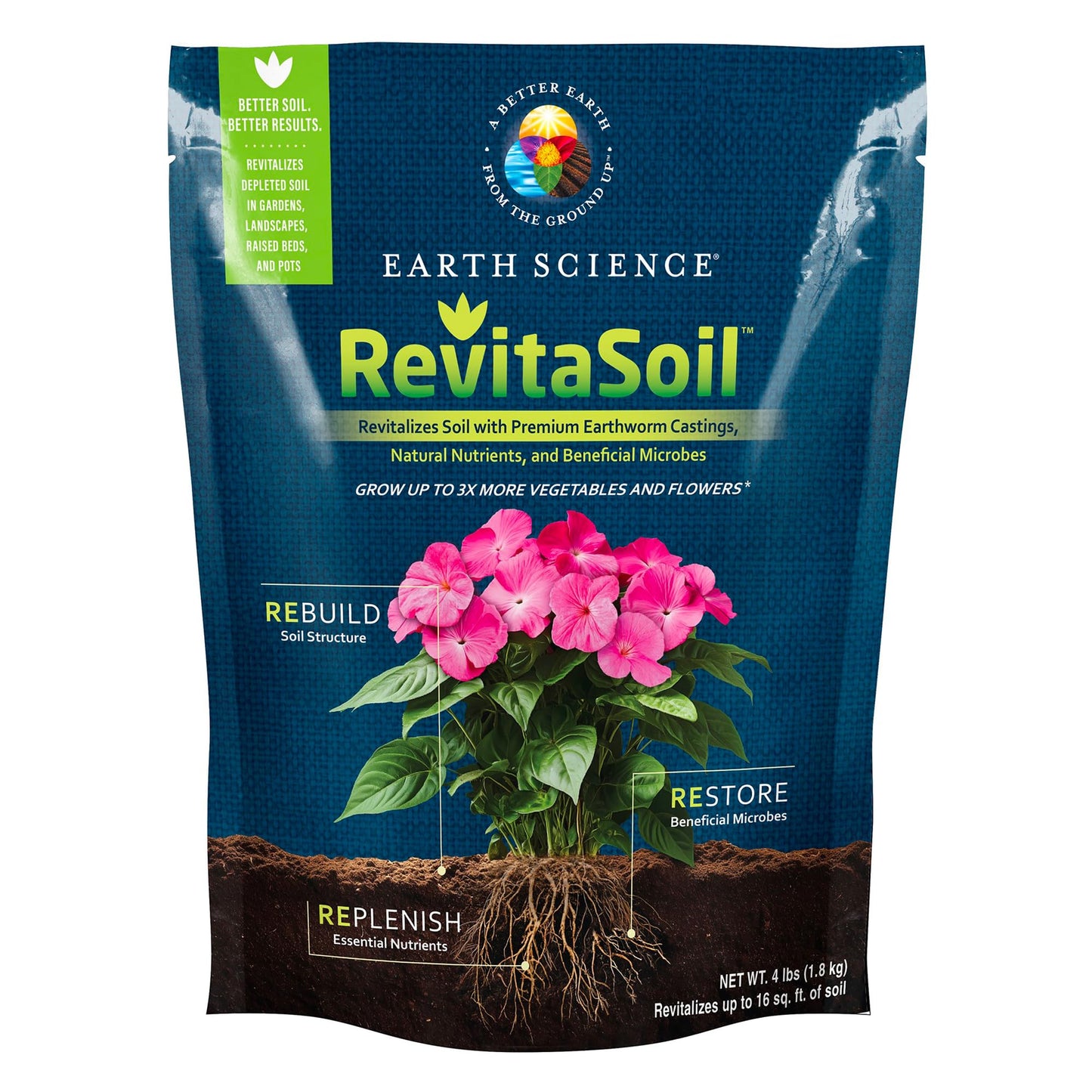 Earth Science RevitaSoil, 4lb, Up to 16 Sq. Ft. - Premium Organic Soil Revitalizer - Natural Nutrients & Earthworm Castings, Grow Up to 3X More, Indoor & Outdoor Plants, Vegetables, Flowers, Gardens