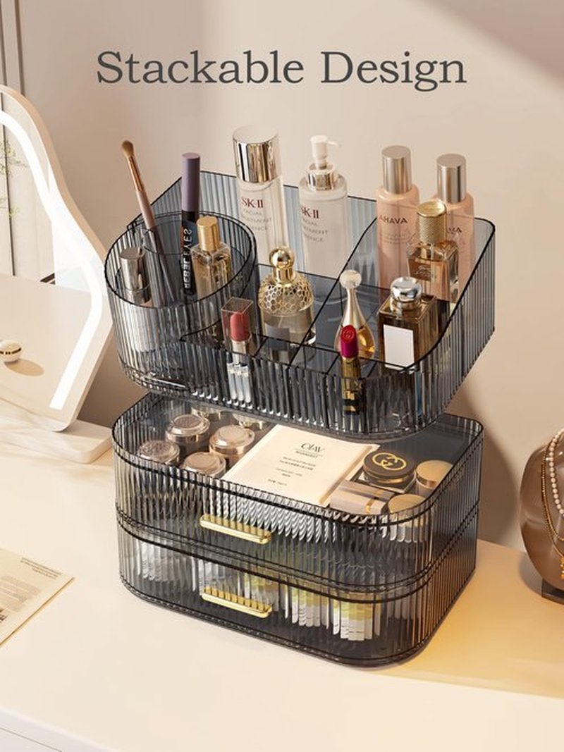MIUOPUR Makeup Organizer with Rotating Makeup Brush Holder, Stackable Drawers for Bathroom Organizers and Storage, Make up Organizers for Vanity, Great for Cosmetics, skincare, Lipsticks -Black