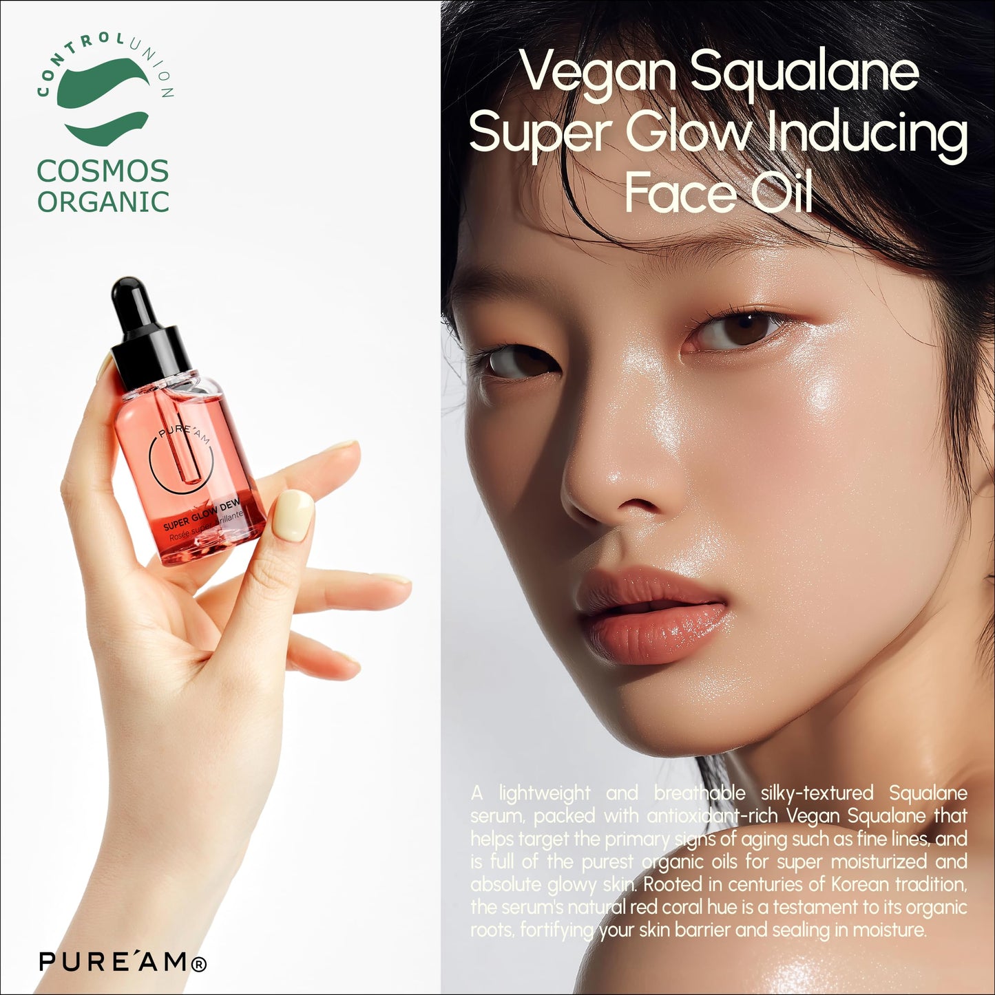 PURE’AM - Moisturizing Squalane Face Oil Serum- Plant Based Face Moisturizer Glowing Oil, Nourishing Facial Oil for Wrinkles & Fine Lines, Renewing Almond Oil for Skin Dullness, 1 fl oz