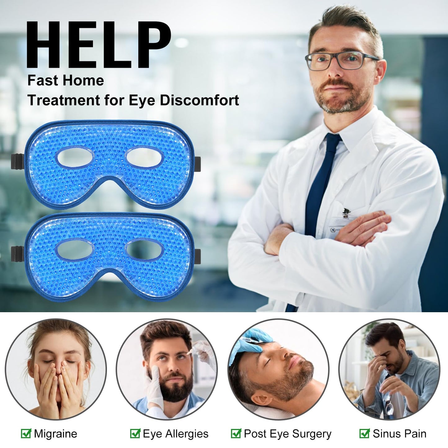 BeeVines Gel Eye Mask, 2 Pack XL Jumbo Size Cooling Ice Masks for Puffy Eyes for Men & Women, Cold & Warm Compress for Post Surgery, Puffiness, Allergies, Sinuses & Migraines Treatment(Navy Blue)