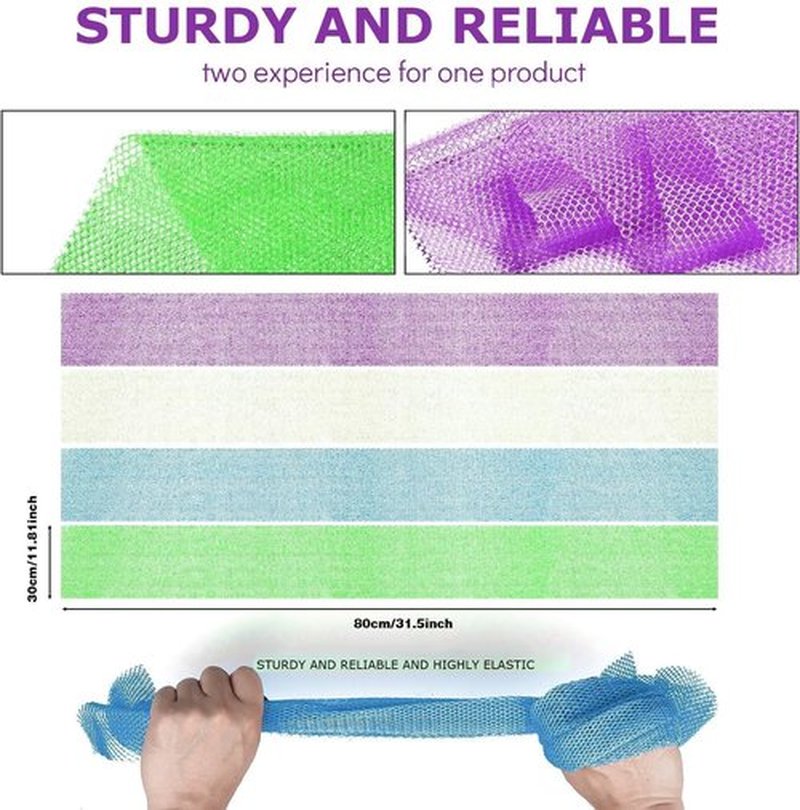 4 Pieces African exfoliating net African Net Long Net Bath Sponge Exfoliating Shower Body Scrubber Back Scrubber Skin Smoother,Great for Daily Use (Purple, Blue, Green, White)
