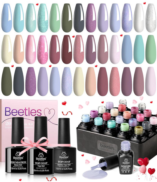 Beetles Gel Nail Polish Set, 23 PCS 20 Colors Spring Gel Nail Polish Kit Neutral Pink Blue White Pearl Green Red Gel with Base Coat Matte Glossy Top Coat Gel Soak off Uv Valentines Gift for Women