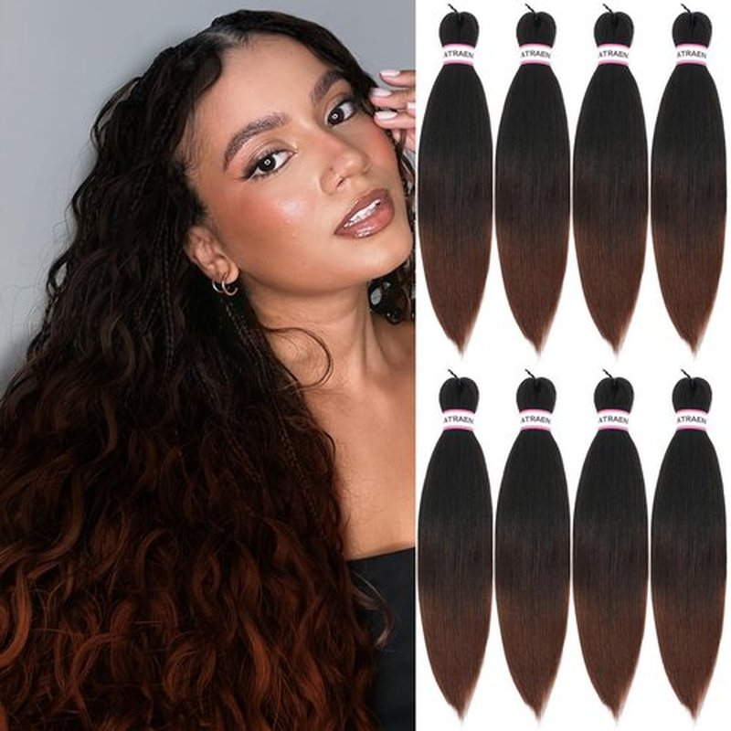 ATRAENTE Prestretched Braiding Hair 18 Inch Ombre Braiding Hair Pre Stretched 8 Packs Hot Water Setting Yaki Texture Hair Braids（18" 1B/4/30)