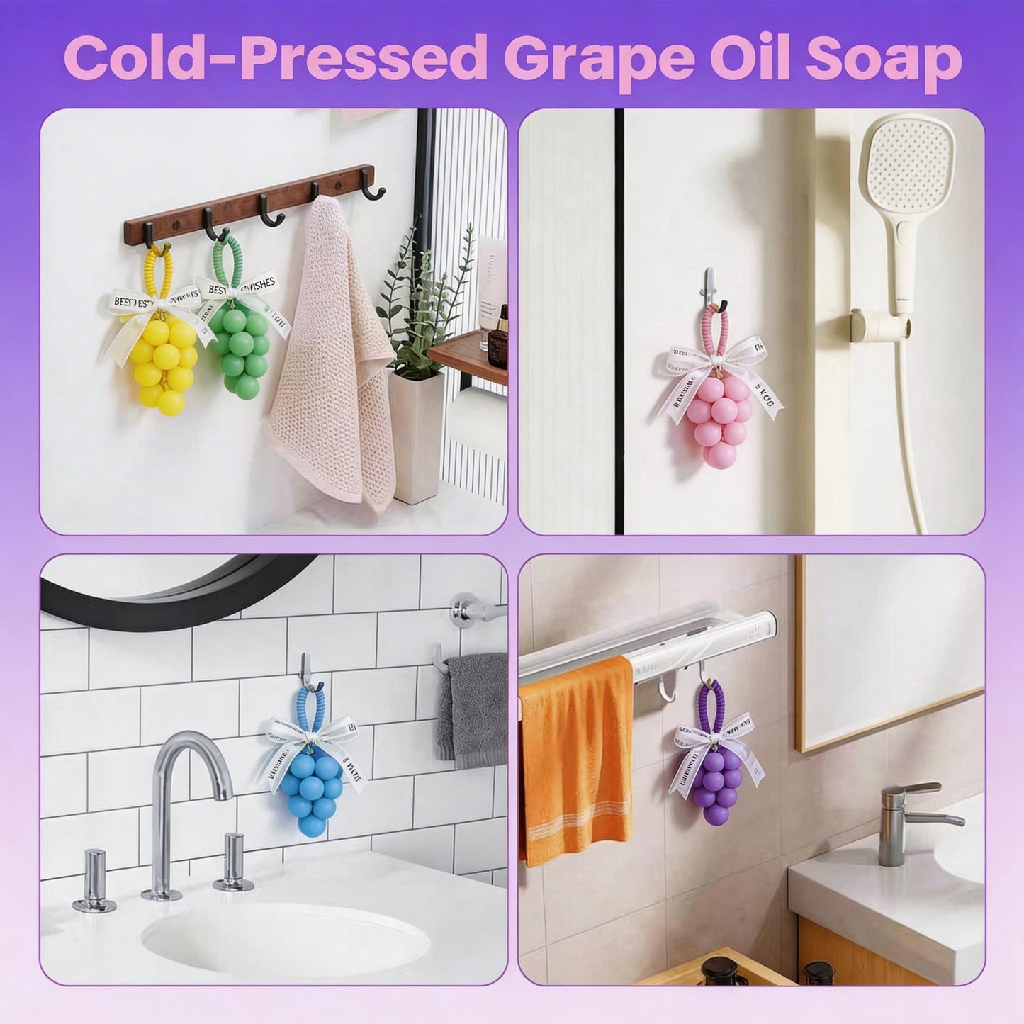 TMOMYISS Grape Soap on Rope Cute Shaped Handwashing Grapes Soap Bar, Novelty Hanging Fruit Soap for Bathroom Decor,Fun Gift Handmade Soap