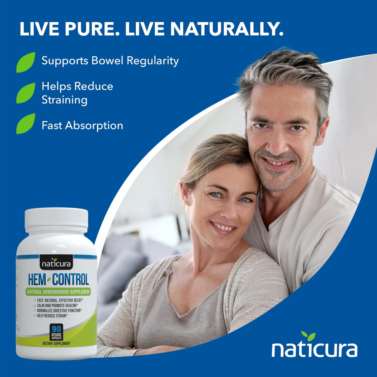 Naticura Hem-Control - Fast Effective Hemorrhoid Treatment Supplement - Powerful Formula to Promote Symptom Relief, Shrinking of Hemorrhoids, Ease Discomfort - 90 Vegan Capsules - Made in USA