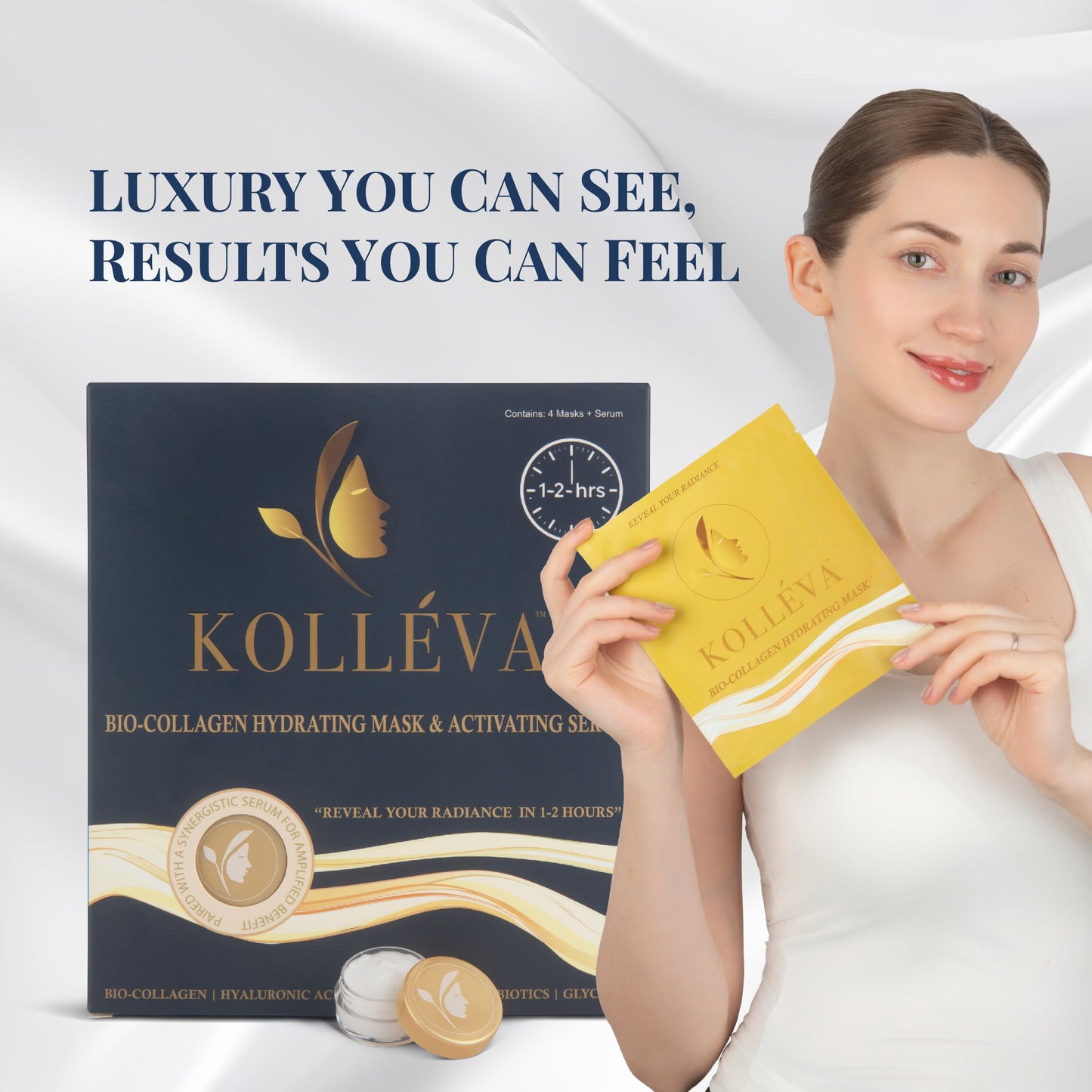 Kolléva Bio-Collagen Hydrogel Face Masks - Instant 2-Hour Radiant Glow & Deep Hydration, Clinical-Grade Anti-Aging - 4 Pack with Activating Serum, USA Innovation