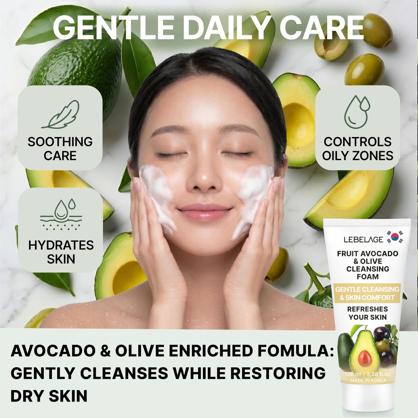 LEBELAGE Korean Avocado&Olive Facial Cleanser 3.38 oz | Cleansing Foam Face Wash | Low pH Gentle Hydrating Daily Facial Cleanser Sensitive Skin | Deep Cleansing Foaming Cleanser, Pore Care