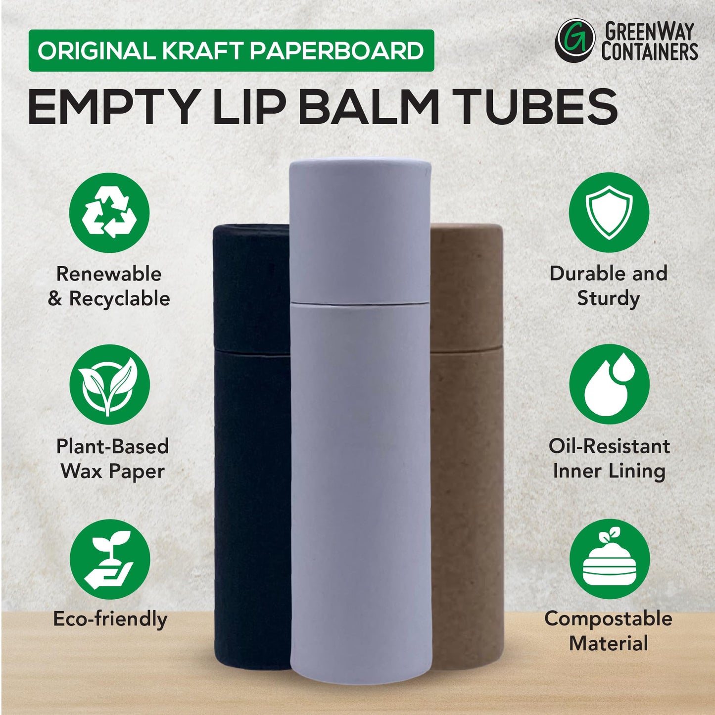 GreenWay 0.3oz / 8.5g Kraft Paperboard Lip Balm Tubes with Lids - 25 Pack Lip Gloss Tubes Refillable DIY Cosmetic Containers - Lip Balm Containers Chapstick Empty Holder - Brown
