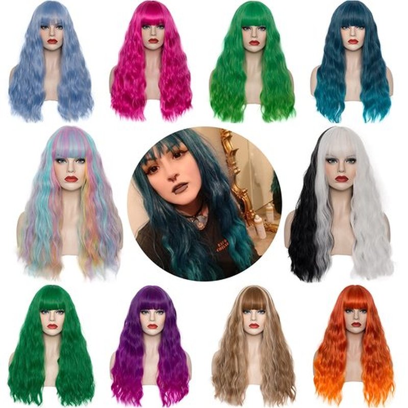 WGPFWIG Women's Multi Color Rainbow Wig 22''Long Curly Wavy Wig Shoulder Length Flat Bangs Wig For Women Girl Cosplay Party Halloween Wig Cap Included (22''Multi Color Rainbow)