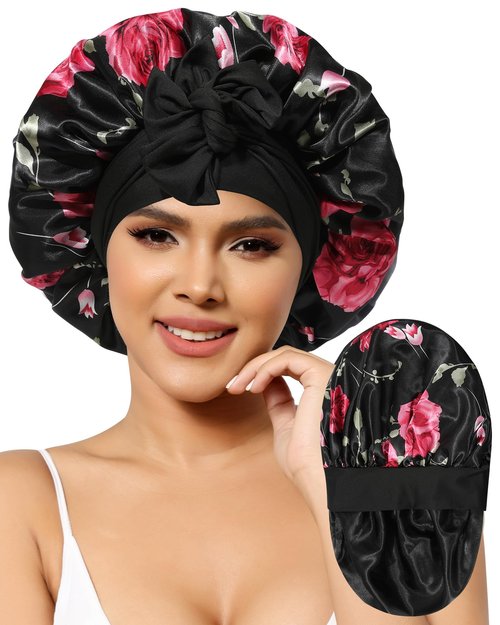 Satin Bonnet for Women Silk Bonnets for Sleeping Curly Hair Bonnet with Elastic Tie Band Reversible Double Layer Sleep Cap Hair Wrap (Black + Red Flower)