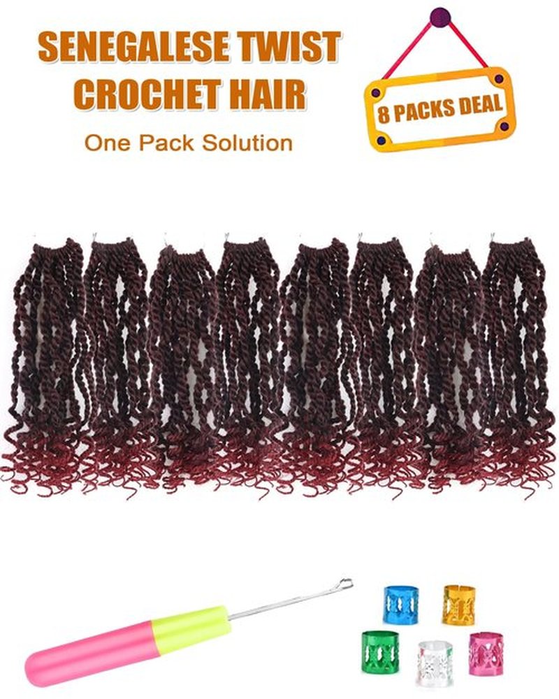 Short Burgundy Crochet Hair 6 Inch Wavy Senegalese Twist Crochet Hair 8 Packs Kinky Twist Crochet Hair Pre Looped Crochet Braids with Curly Ends (6 Inch,Tbug)