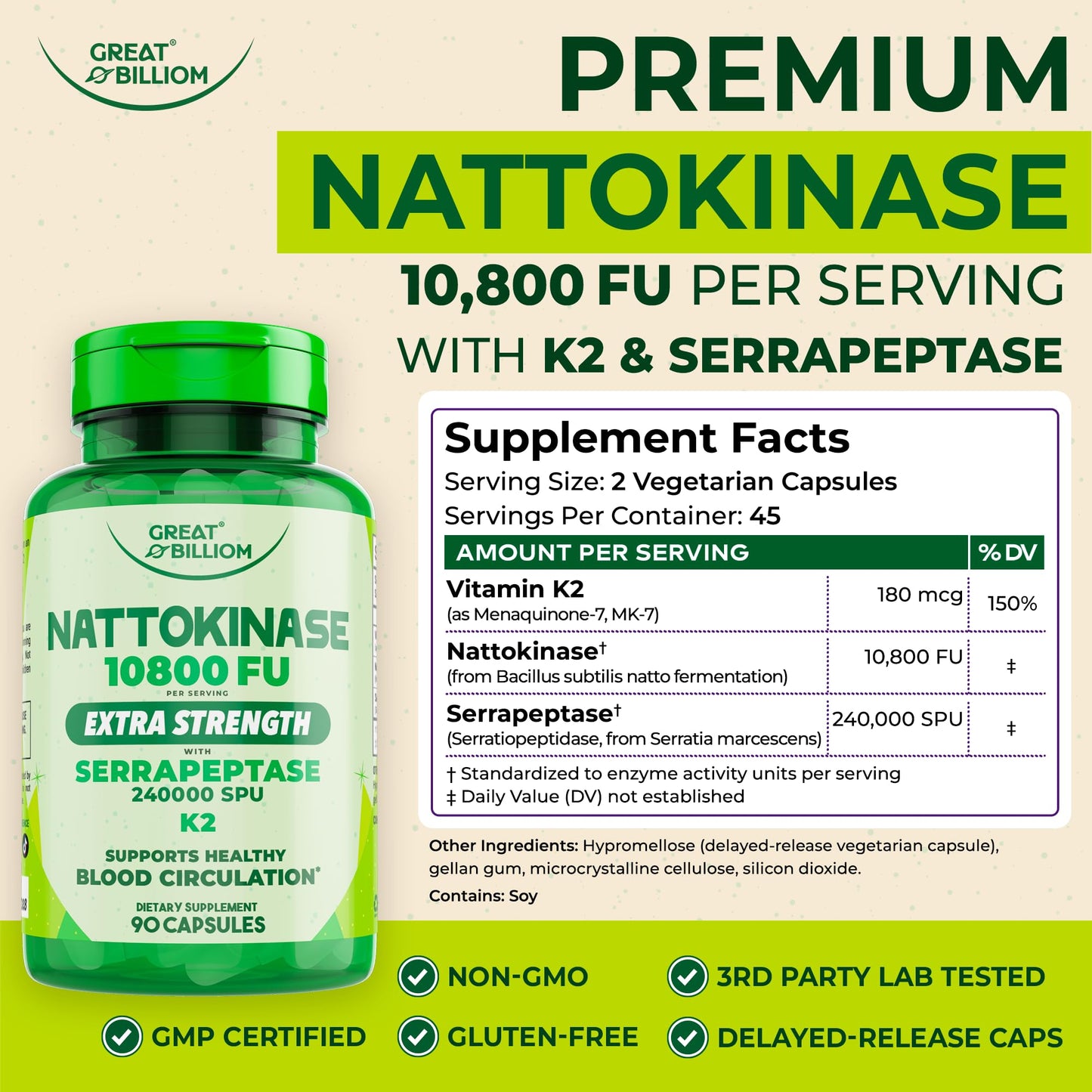 GREAT BILLIOM Nattokinase 10800 FU with Vitamin K2 MK-7 & Serrapeptase 240,000 SPU Supplement – Natto Enzyme, Heart Health Supplements for Blood Flow & Circulation Support, 90 Capsules