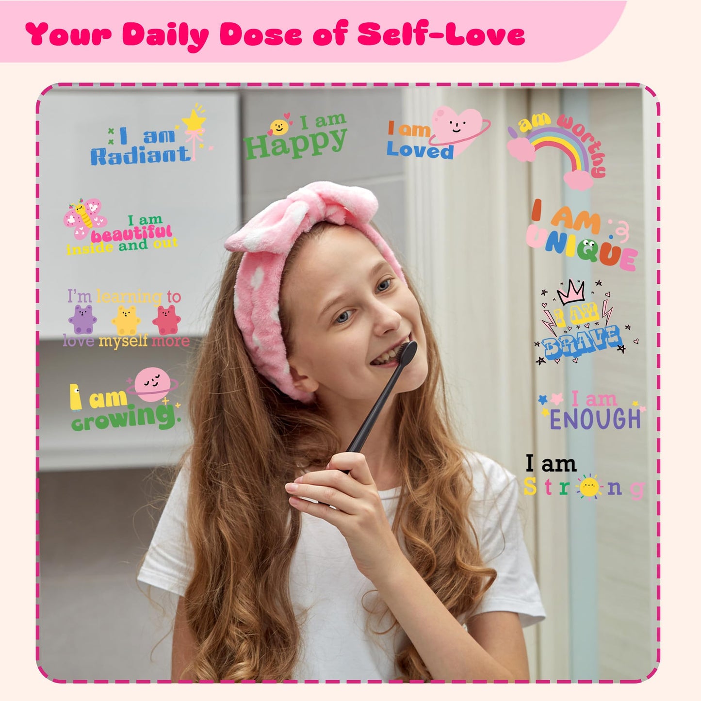 11 Positive Affirmation Mirror Stickers | Reusable Static Decals with Motivational Quotes | Teen Girl Gift for Inspirational Bathroom Mirror & Window Decor | Mental Health Sticker & Self-Love Decal