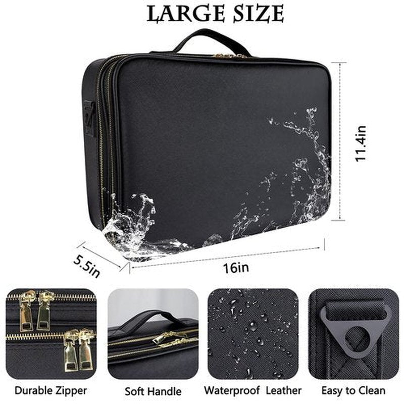Makeup Case Travel 3 Layers Makeup Train Case Organizer Cosmetic Bag Portable Makeup Storage for Women Bags with Adjustable Dividers and Shoulder Strap for Toiletry Travel Accessories(Black, L)