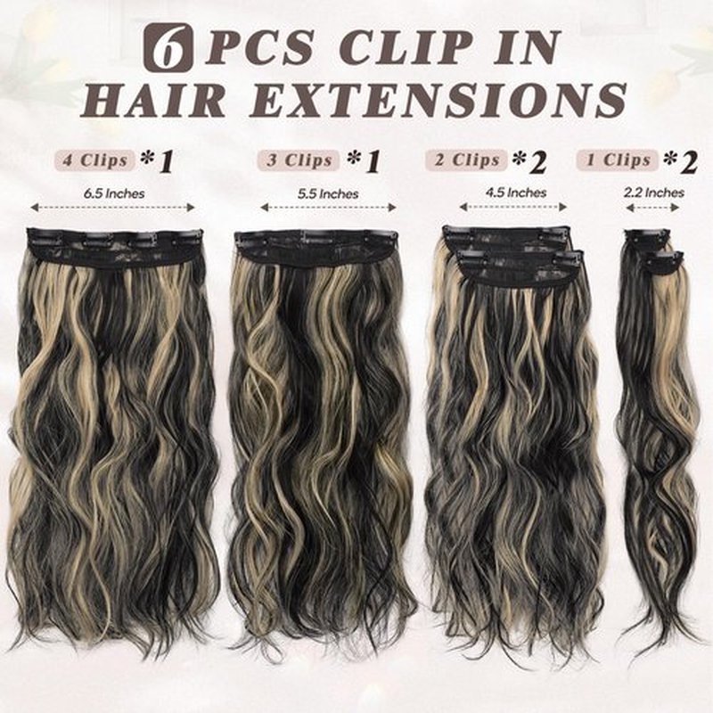 BARSDAR Clip in Hair Extensions - 16 Inch Highlight Wavy Clip in Hair Extensions for Women - 6PCs Thick Soft Synthetic Clip in Hairpieces Daily Party Halloween - Black with Highlights