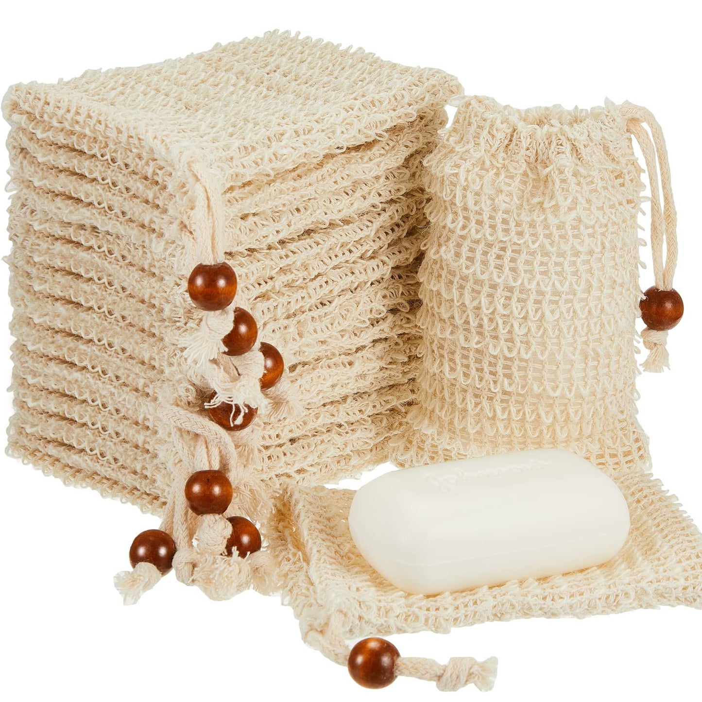 Cunhill 80 Pack Soap Saver Bag Exfoliating Soap Pouch with Drawstring Bar Wooden Bead Foaming and Drying Exfoliating Net for Bath and Shower (3.5x5.5 Inch)