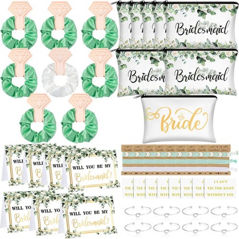 63 Pcs Bridesmaid Proposal Gifts Bulk Maid of Honor Gifts Matron of Honor Gifts Brides Bridesmaid Cosmetic Makeup Bag Hair Knotted Bracelets Invitation Cards for Wedding Bachelorette (Eucalyptus)