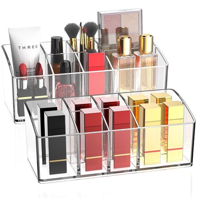 Make Up Organizers and Storage - 2pcs Small Clear Makeup Storage with 7 Slots for Vanity, Bathroom, Drawer, Cosmetic Display Case