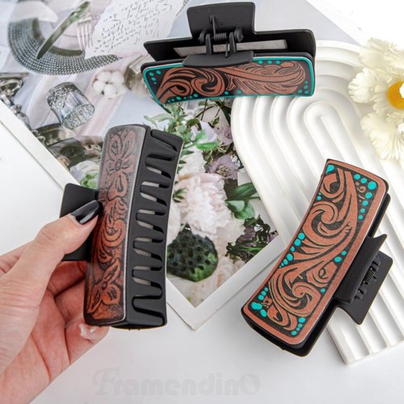 4 Pcs Western Hair Clips for Women, Yellow Chrysanthemum, Cow Print, Square Claw Clips, Vintage Print Western Claw Clips, Country Stuff Headdress Gifts for Women Girls (D)