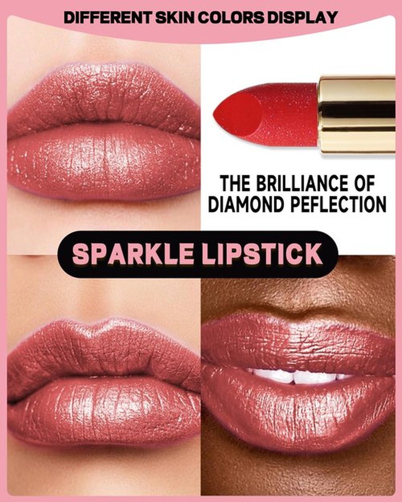 Glitter Metallic Ruby Red Shimmer Lipstick Long Lasting, High Shine Glitter Diamond Creamy Nude Lipstick Transfer Proof Non-Stick Lip Gloss Shimmer High Impact Full Coverage Lip Makeup for Women-04