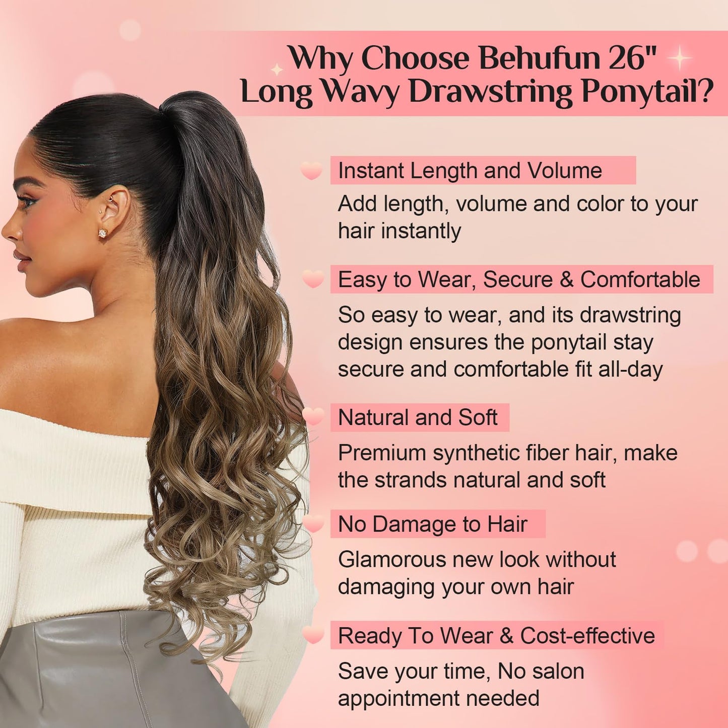 Ponytail Extension, Behufun Long Wavy Drawstring Ponytail 26" Clip in Hair Extensions Ponytail Fake Pony Tails Hair Extensions Natural Soft Heat Resistant Synthetic Hairpiece for Women Brown to Blonde