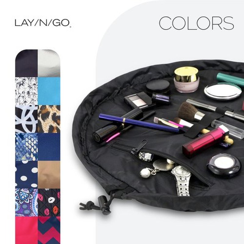 Lay-n-Go Cosmo Drawstring Cosmetic & Makeup Bag Organizer - Portable Drawstring Makeup Bag w/Zipper Pocket, Makeup Loops & More - Durable, Machine Washable Makeup Bag for Travel (20”, Black)