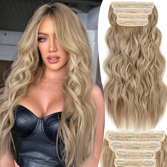 FREEMEIGE Hair Extensions, 20 Inch 4PCS Synthetic Fiber Clip in Hair Extensions Natural Soft Hairpieces for Women, Dark Blonde with Highlights