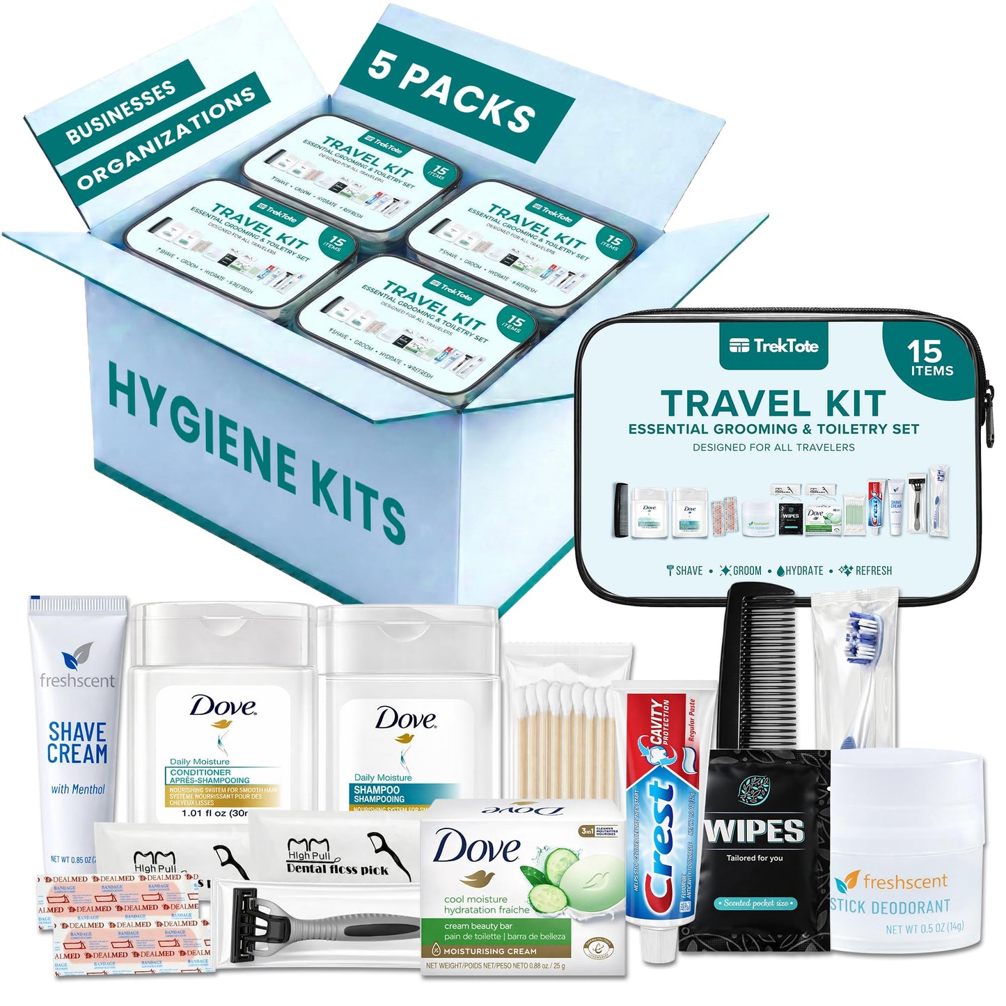 TrekTote Complete 15 Piece Unisex Travel Hygiene Kit with Toiletries & Personal Care Essentials, TSA-Compliant, Individually Packaged in Clear Bag, Single or Bulk Packs (5 Pack)