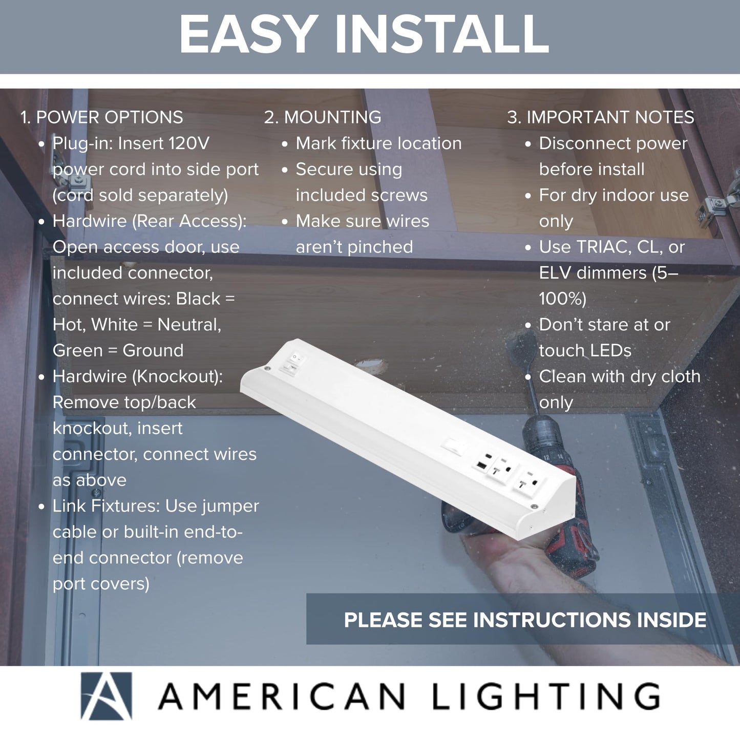 American Lighting LED Courant Plus Undercabinet Light 18 Inch 5CCT 90+ CRI 1000 Lumens with USB-A USB-C and 20A Receptacles White Finish Title 24 Compliant (2 Pack)