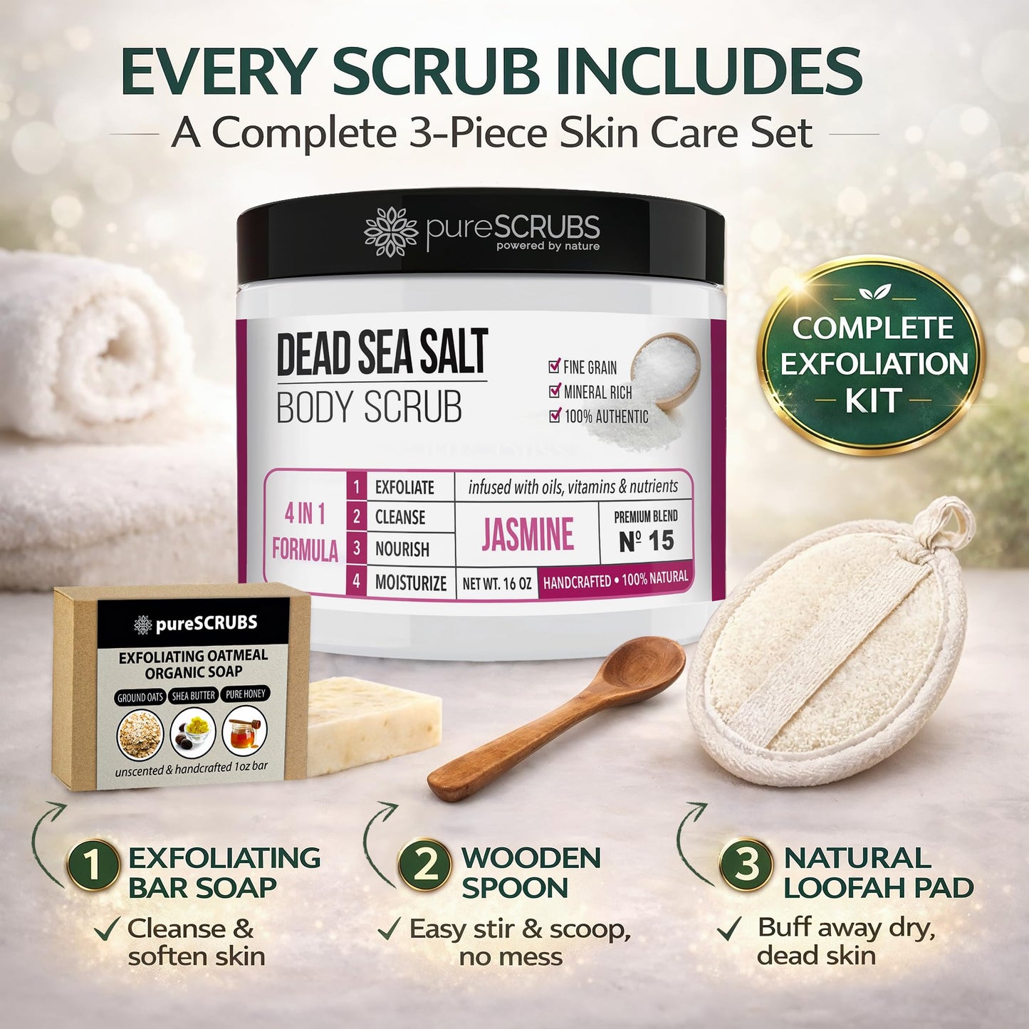pureSCRUBS Premium Jasmine Body Scrub Set, Exfoliating Dead Sea Salt Scrub