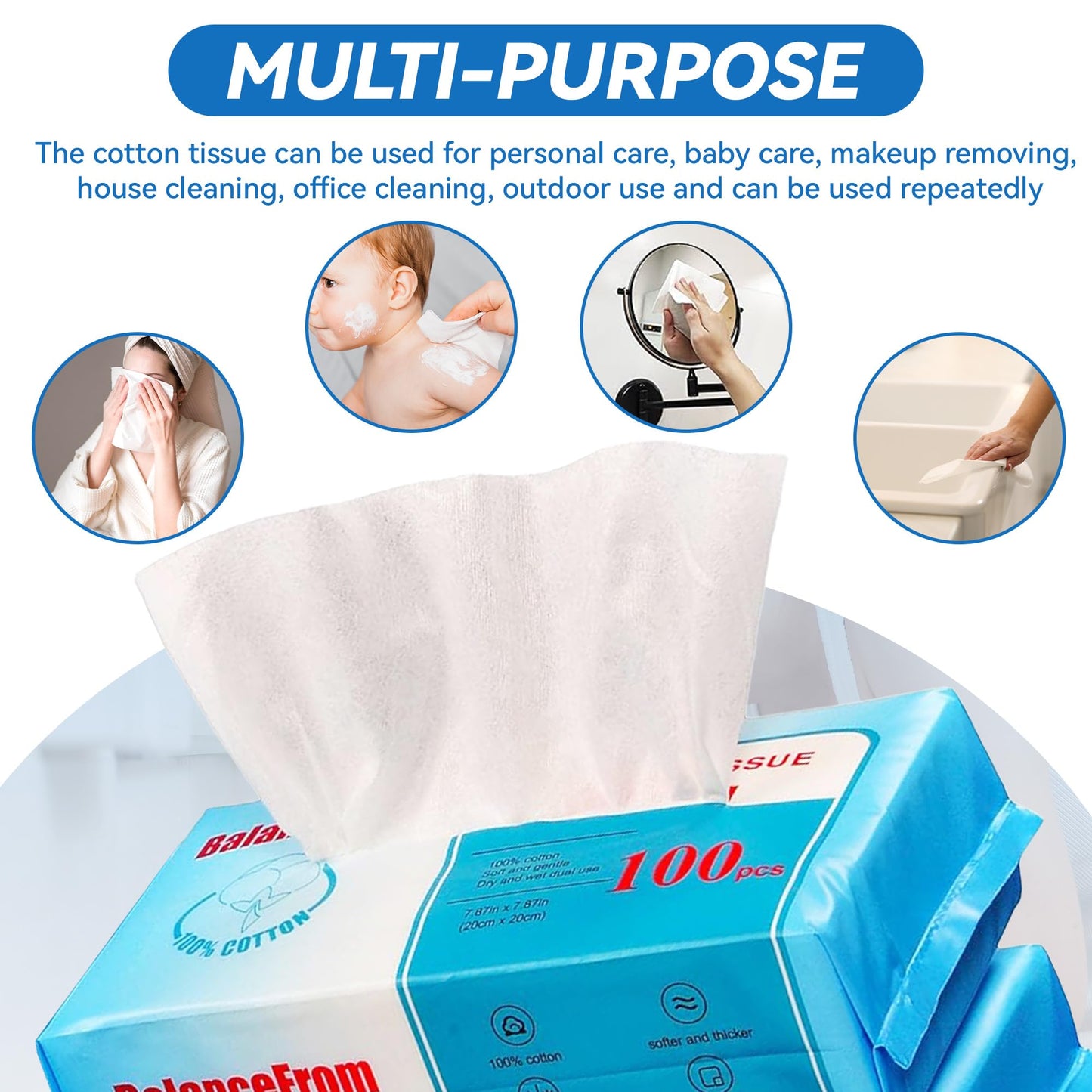 Elevon Multi-Purpose 100% Unscented Cotton Tissue Soft Dry Facial Cotton Wipes for Sensitive Skin, White (Pack of 6)