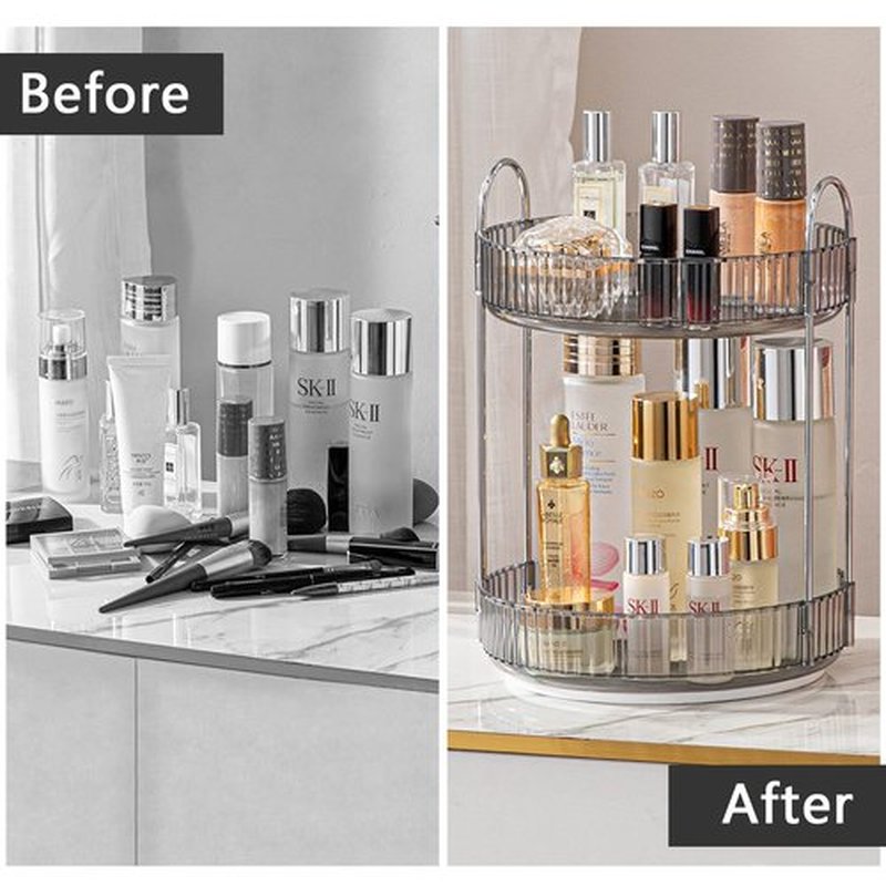 shuang qing Rotating Makeup Organizer for Vanity 2 Tier, High-Capacity Skincare Clear Make Up Storage Perfume Organizers Cosmetic Dresser Organizer Countertop 360 Spinning （Grey）