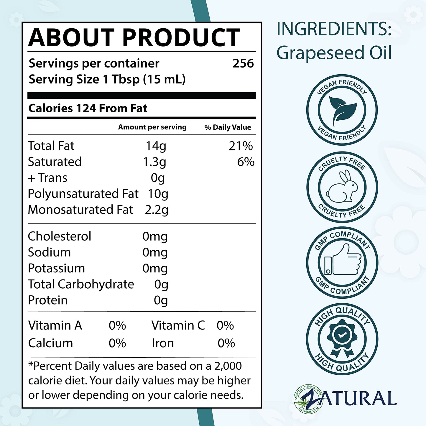 Zatural Grapeseed Oil Naturally Grown 100% Pure Cold Pressed Virgin High Tempurature Cooking Oil 128oz (1 Gallon)