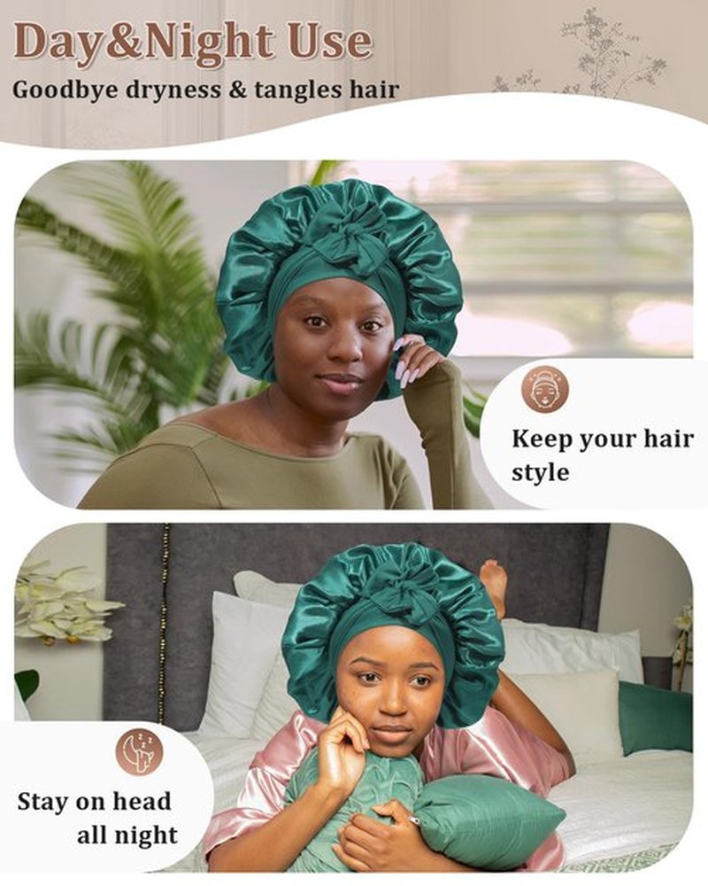 Reversible Satin Bonnet for Sleeping Women Silk Bonnet Double Layer Hair Bonnet with 2PCS Hair Scrunchies Elastic Tie Band Night Cap Hair Wrap for Natural Curly Hair (Dark Green+Black)
