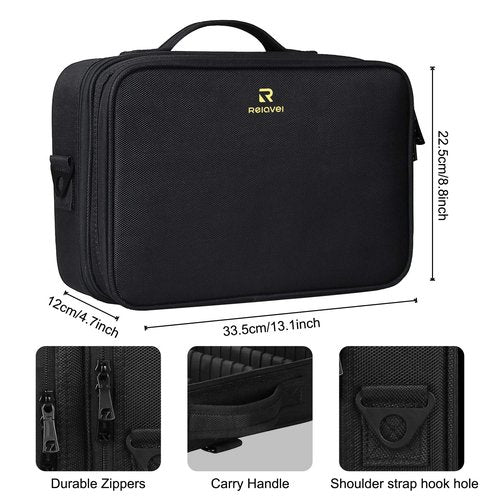 MONSTINA Travel Makeup Train Case,13.8 inches Large Cosmetic Case,Makeup Brush Holder Organizer and Storage with Adjustable Dividers and Shoulder Strap (Black)