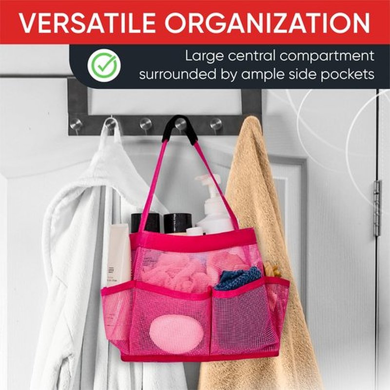 Masirs Mesh Shower Caddy Bag - Collapsible, Portable Bathroom Organizer for Travel, Gym, and Dorm Use. Easily Carry and Organize College Dorm, Bathroom Toiletry Essentials. (Pink)