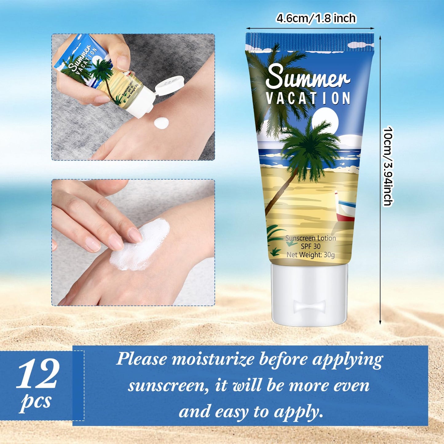 Dansib 12 Pcs Mini Sunscreen Bulk for Summer Party Wedding SPF 30 Water Resistant Sunscreen Lotion Bulk 1oz Travel Size for Thank You Gifts Wedding Supplies (Vacation Time)