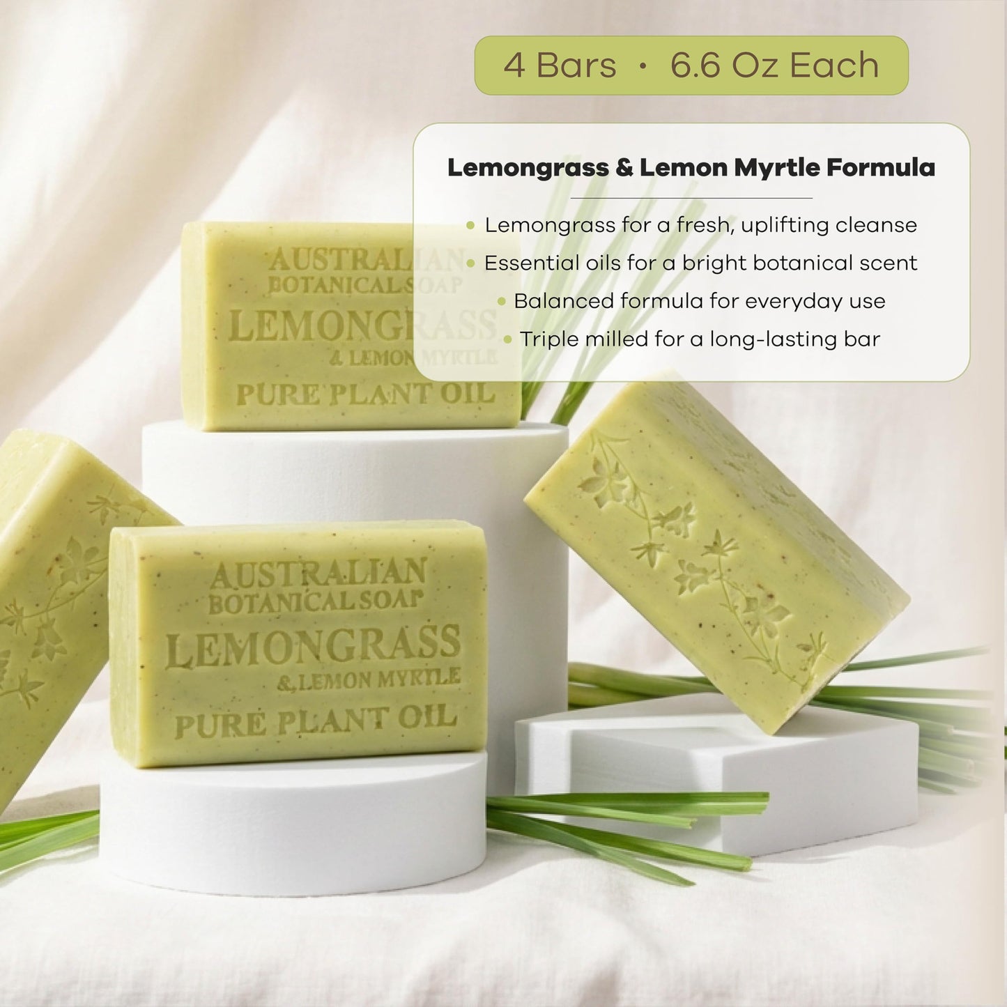 Australian Botanical Soap Lemongrass & Lemon Myrtle – Triple Milled 6.6 oz Bar Soap with Shea Butter, Face Hand & Body Soap Bars, Pack of 4