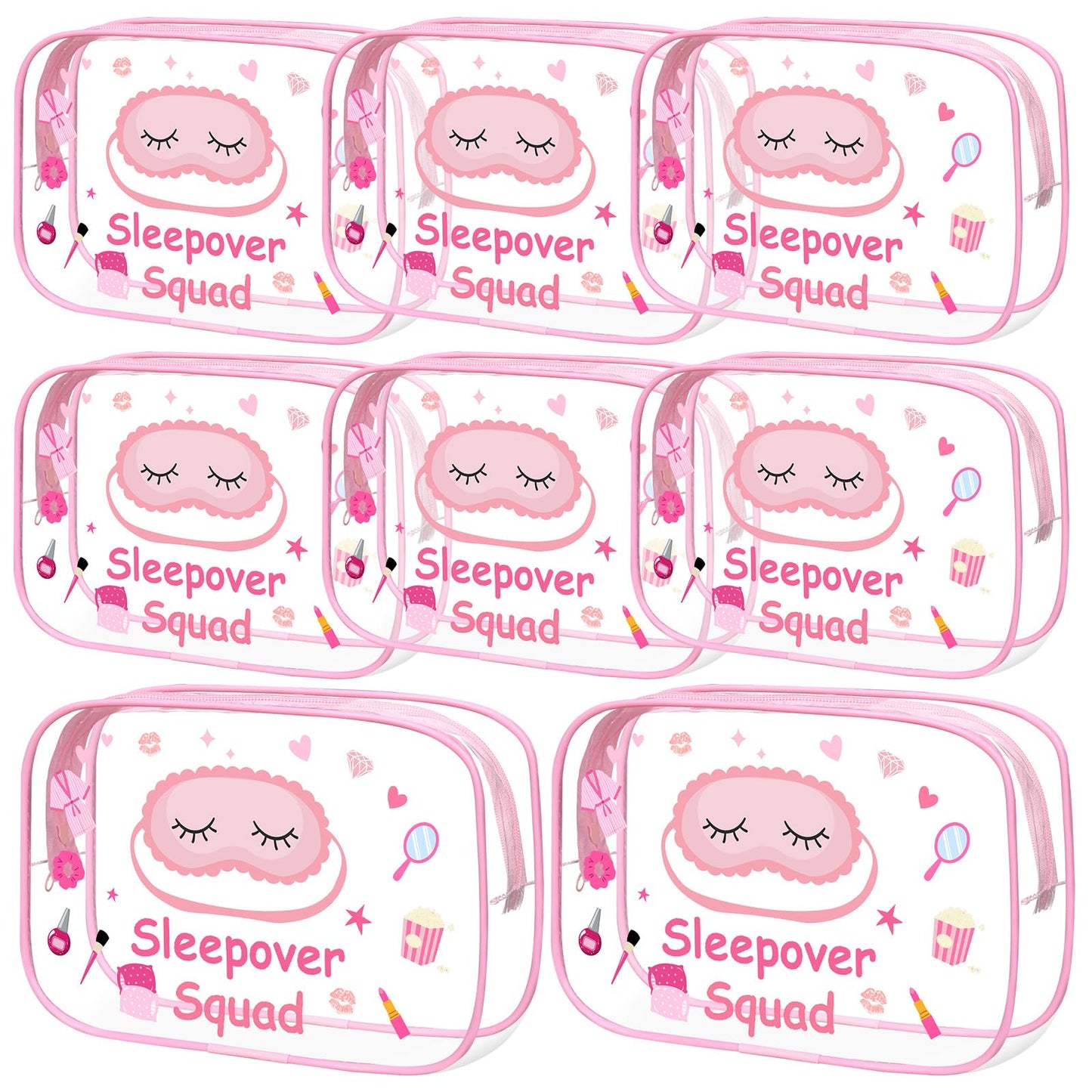 Aliceset 8 Pcs Sleepover Party Favors Sleepover Squad Make up Bags Waterproof Slumber Pajama Party Supplies Spa Birthday Overnight Sleep over Favors(Pink)