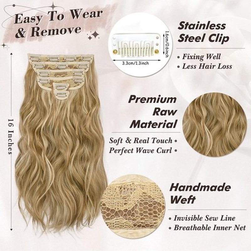 BARSDAR Clip in Hair Extensions - 6PCs Wavy Highlight Clip in Hair Extensions for Women - 16 Inch Full Head Thick Soft Synthetic Clip in Hairpieces Daily - Golden Blonde with Highlights