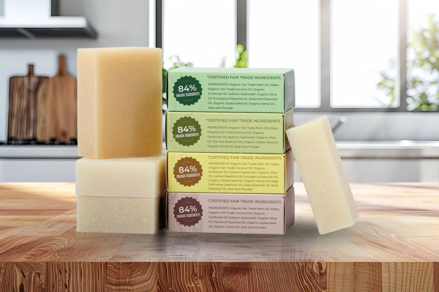 Adams Handmade Soap Variety Pack – 4 Bar Set: Tea Tree, Eucalyptus Spearmint, Patchouli, Lemon Sage | Vegan, Cold Process, 84% Organic, Essential Oils, USA Made