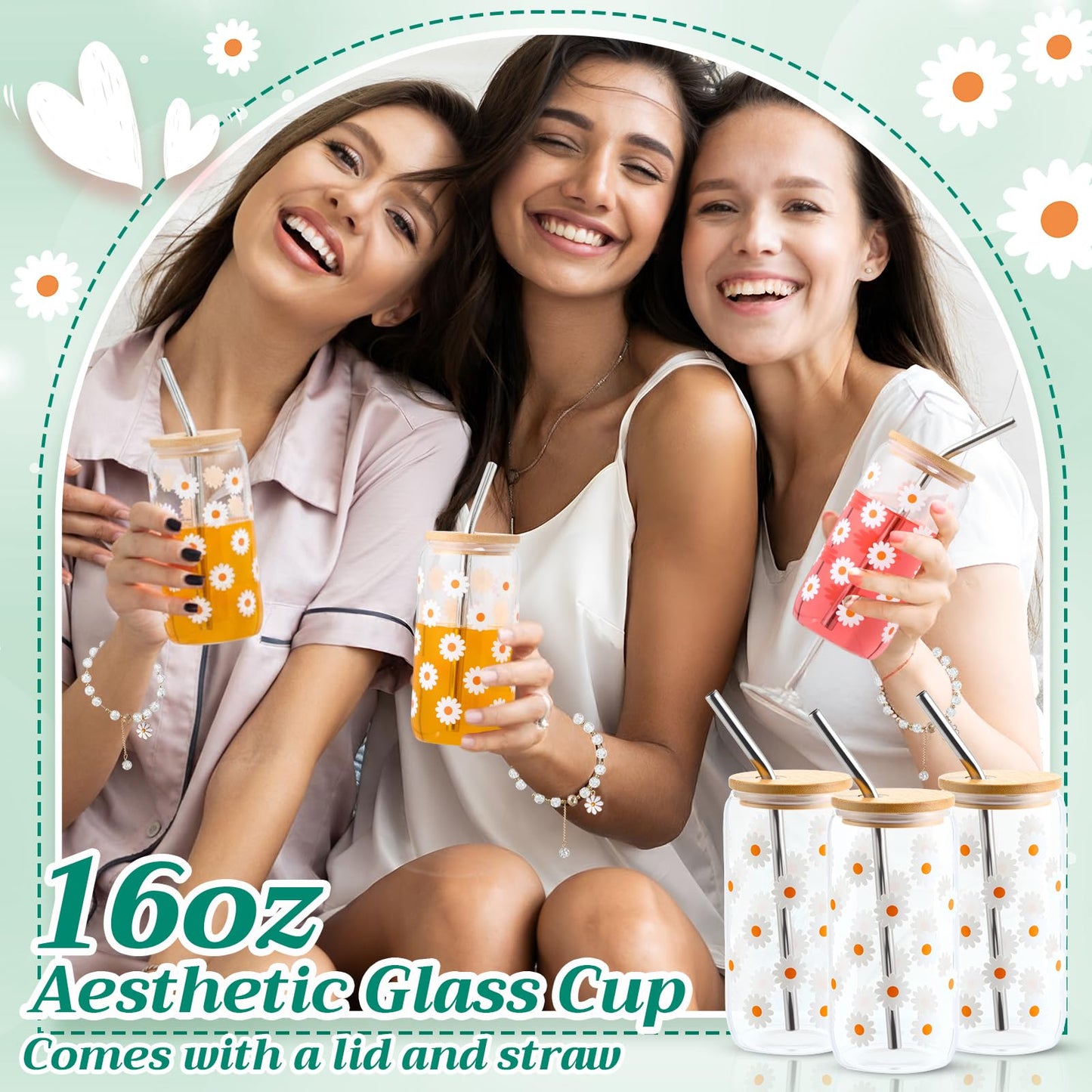 Vesici 42 Pcs Spa Sleepover Party Supplies Bulk for Women 6 Sets Slumber Bridesmaid Wedding Birthday Gifts Favor Glass Cup Eye Mas Hair Tie Hair Clip Bracelet Tote Bag Ribbon(Daisies,Sage Green)