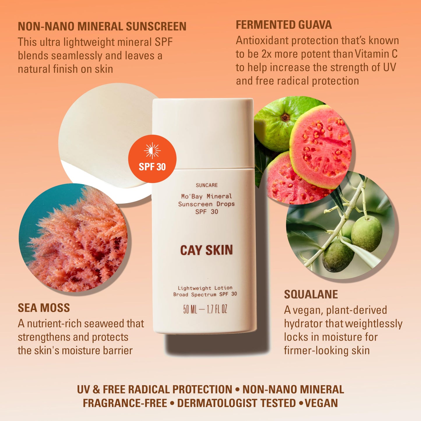 Mo'Bay Weightless Mineral Sunscreen Lotion w/SPF 30 (1.7 fl oz) - No White Cast Sunblock Cream w/Sea Moss, Fermented Guava & Squalane - Vegan Sheer Sunscreen - Mineral SPF Drops for All Skin Types