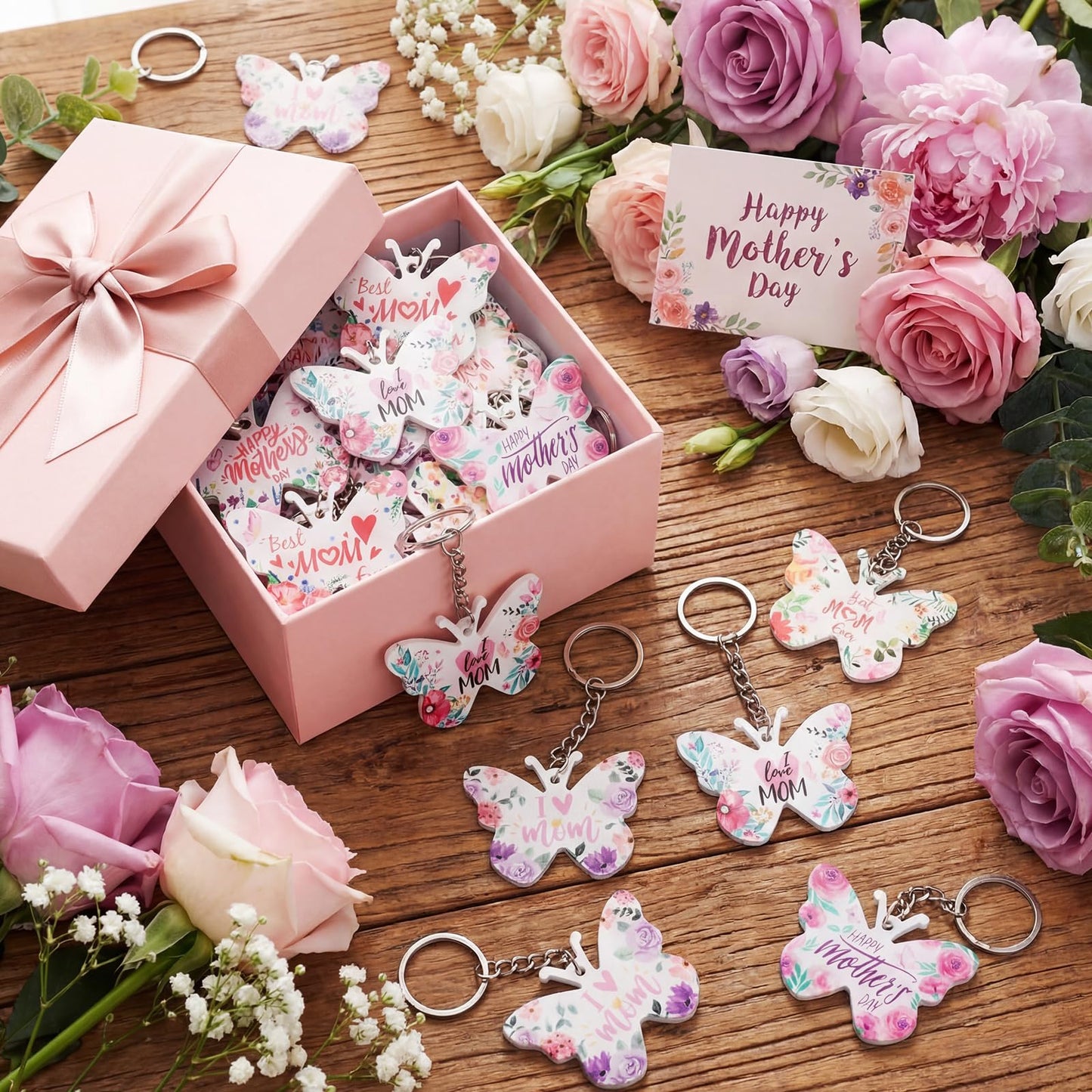 Kigeli 48 Pcs Mom Appreciation Gifts Keychain Bulk Floral Best Mom Ever Keychain from Daughter Son for Mother Birthday Christmas (Butterfly)
