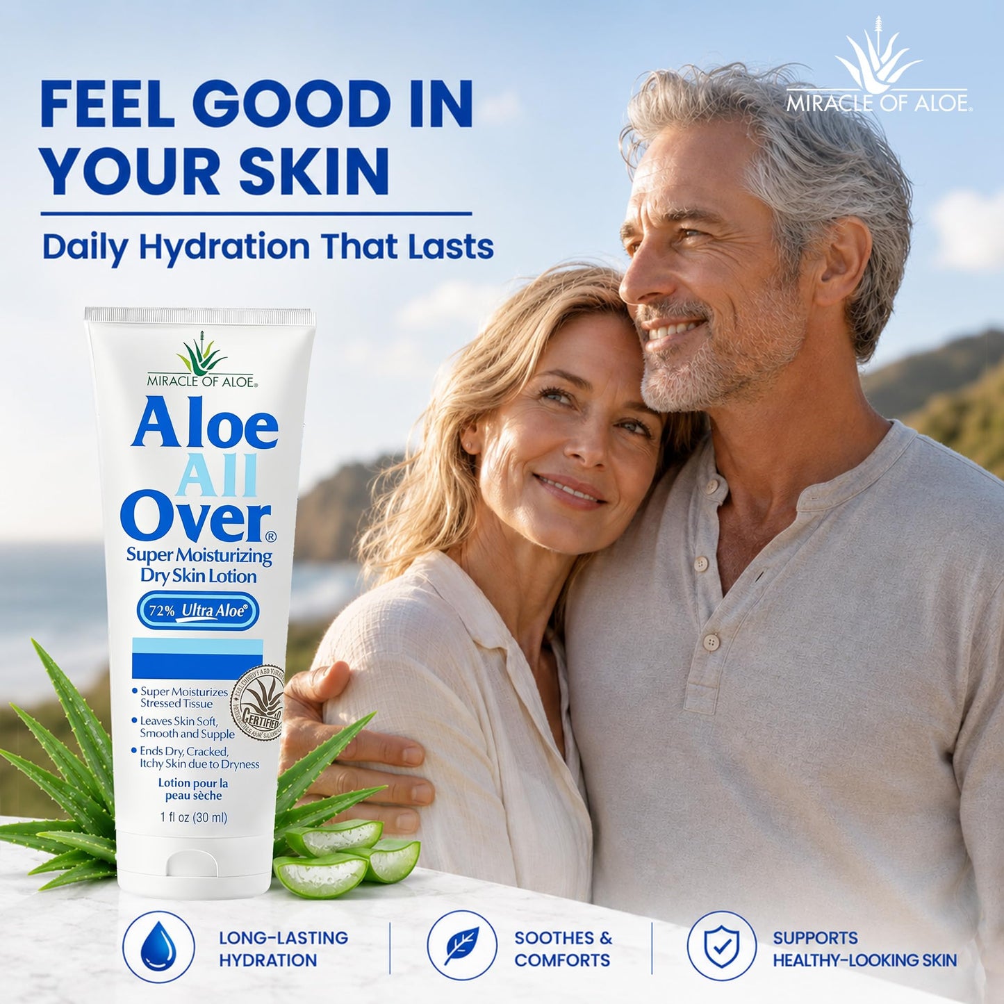 Miracle of Aloe Aloe All Over Super Moisturizing Dry Skin Lotion (3-Pack, 1 oz) - Made with 72% UltraAloe Aloe Vera Gel. Safe for Everyone: Men, Women, Kids. Restores Dry Skin Fast