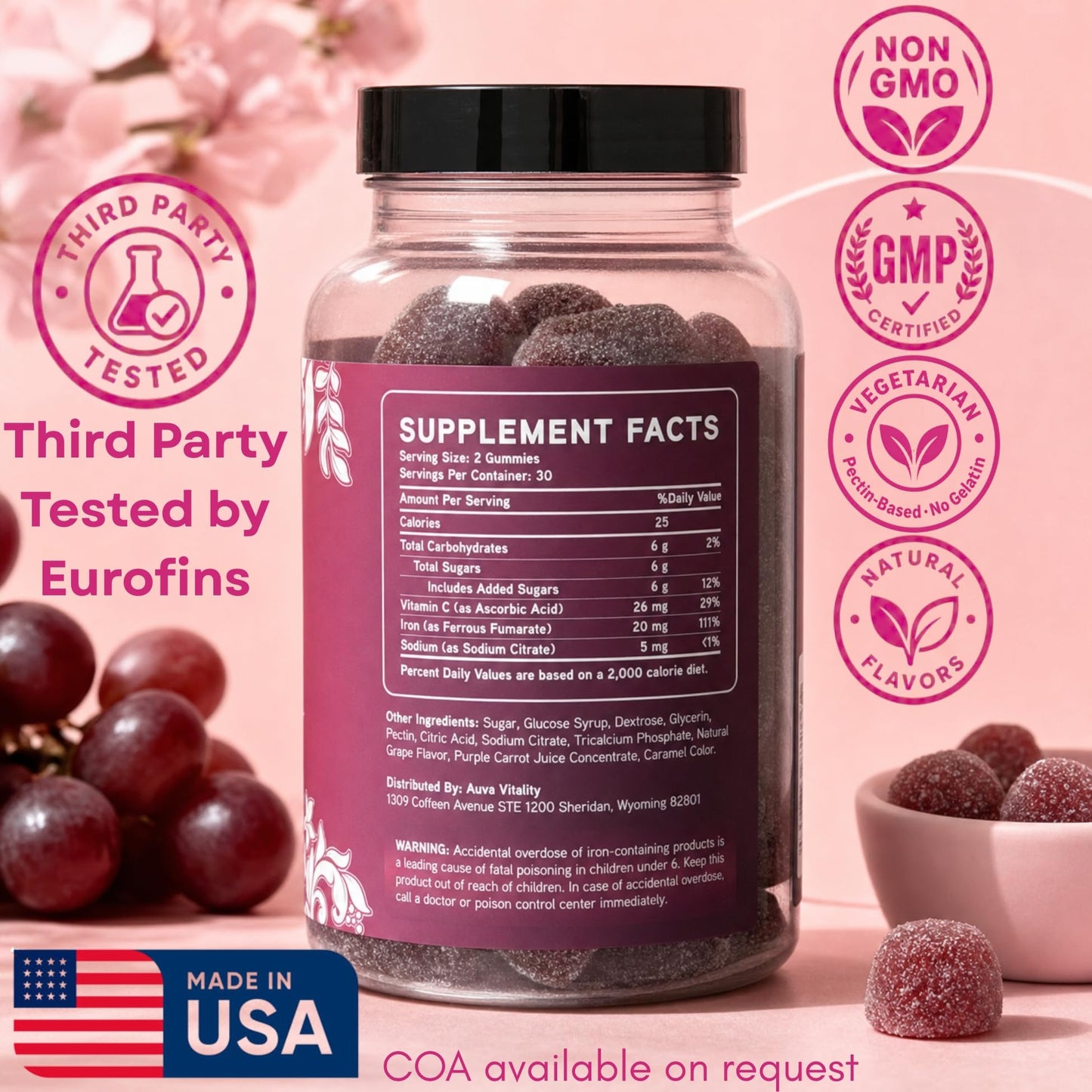Auva Vitality Iron Gummies for Women — Non-Constipating | Ferrous Fumarate 20mg + Vitamin C | Energy, Anemia & Iron Deficiency Support | Hair Health, Menstrual & Menopause | Grape Flavor, 60 Count