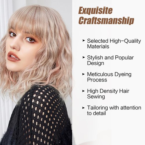 OMELPIS Short Pink Wavy Wig with Bangs Natural Shoulder Length Khaki Pink Water Wave Bob Wigs for Women Colorful Heat Resistant Synthetic Fiber Curly Hair for Anime Cosplay Party Holiday Daily 16In