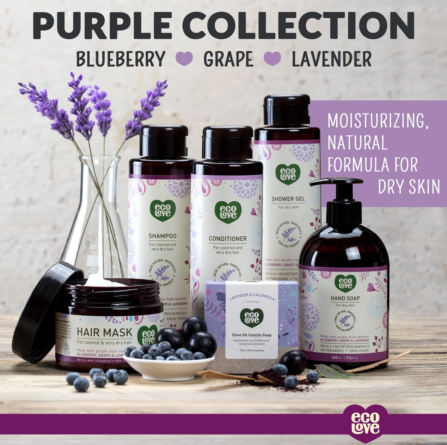 ecoLove - Natural Moisturizing Body Wash for Dry Skin - Organic Blueberry, Grape & Lavender - No SLS or Parabens - Vegan and Cruelty-Free Shower Gel, 17.6 oz