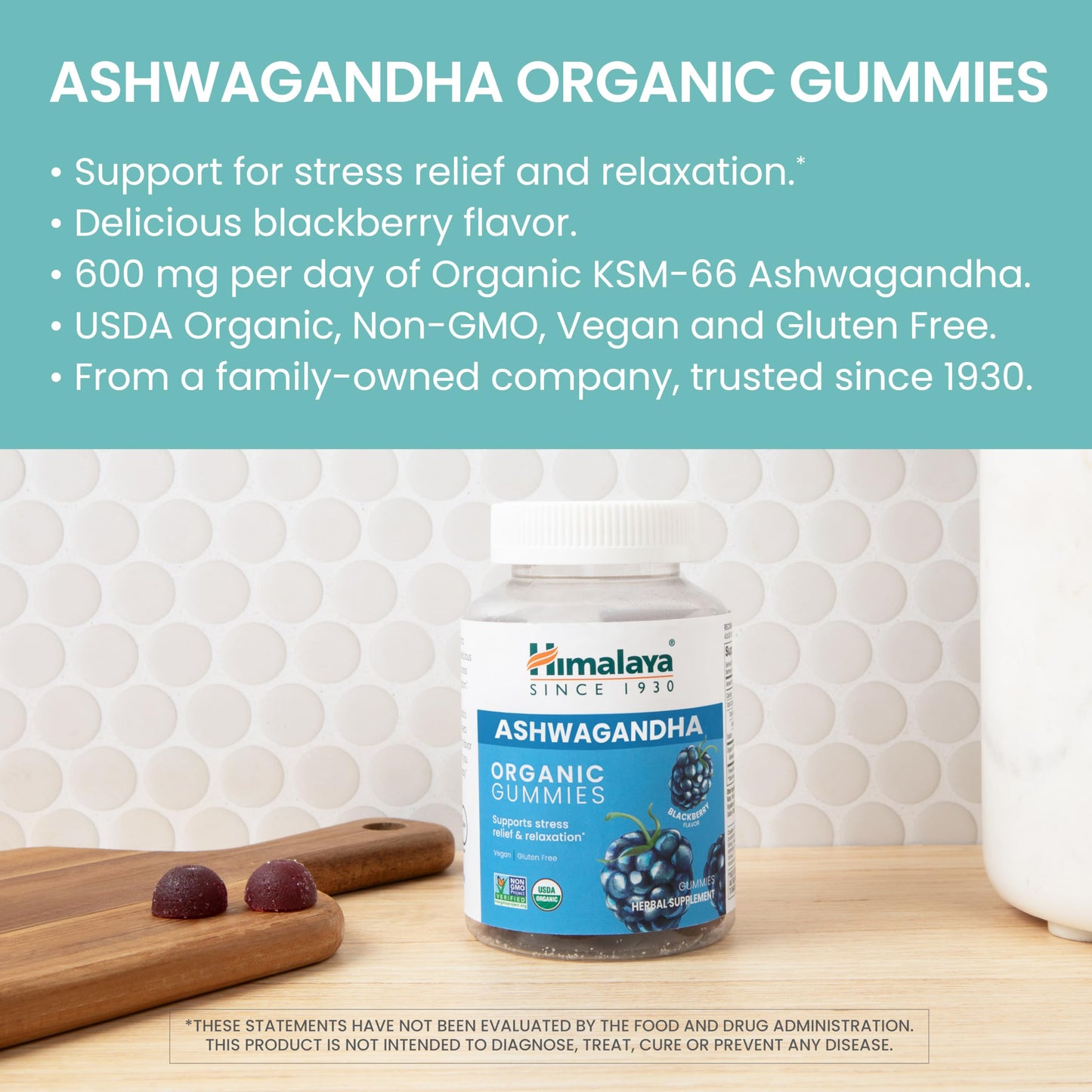 Himalaya KSM-66 Organic Ashwagandha Gummies, Ashwagandha Supplements to Help with Stress Relief, Energy and Relaxation, Ashwagandha Gummies for Women and Men, Delicious BlackBerry Flavor, 60 Gummies